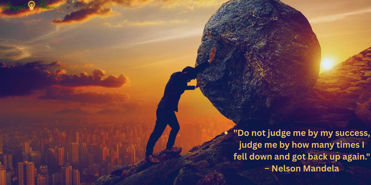 A well-dressed man, likely symbolizing determination, is pushing a large boulder uphill.